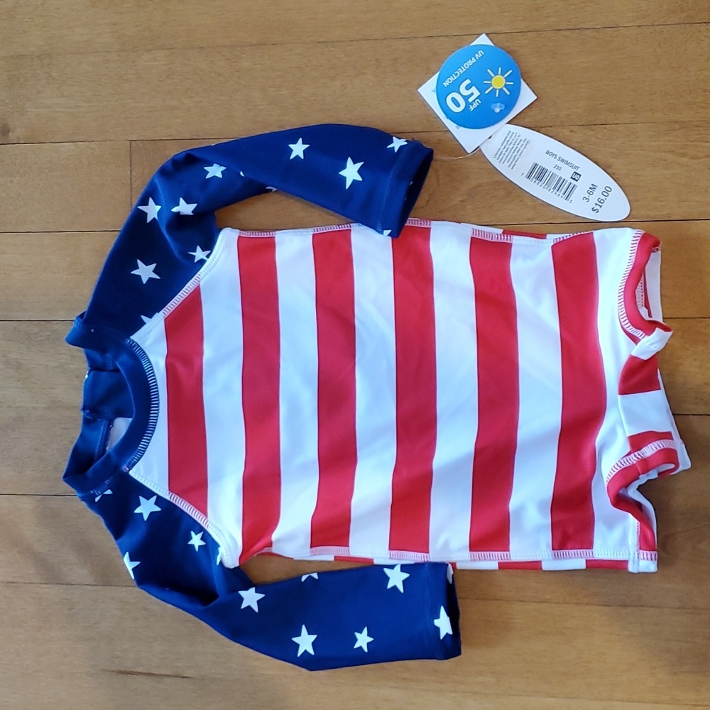 Baby Boys 1 Pc Long Sleeve Rashguard Swimsuit- Americana Flag Size 0/3 mo NWT